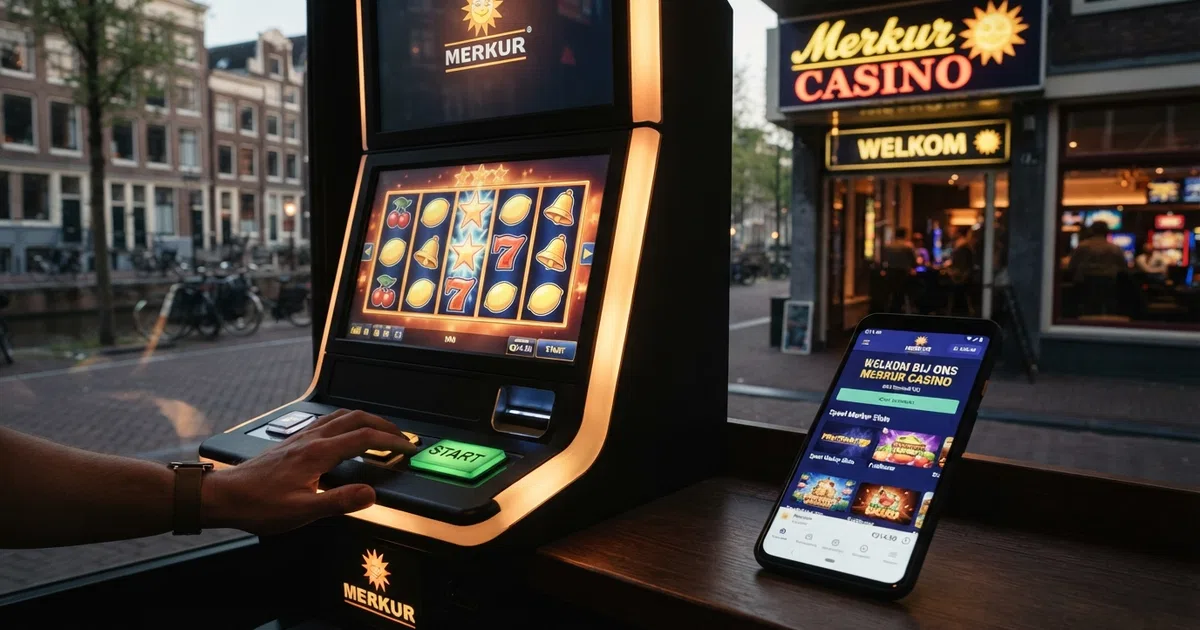 Drie visuele representaties van de Merkur-merknaam naast elkaar: een Merkur-gokkast, het logo van een KSA-casino en de gevel van een fysieke Merkur-speelhal