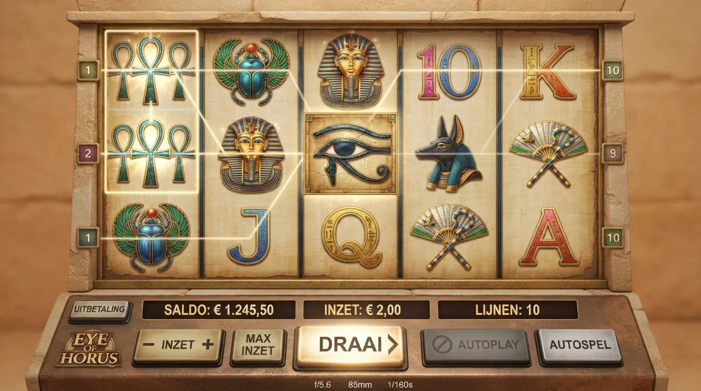 Het spelraster van de Eye of Horus-slot met Egyptische symbolen op de rollen en het Eye of Horus-logo zichtbaar