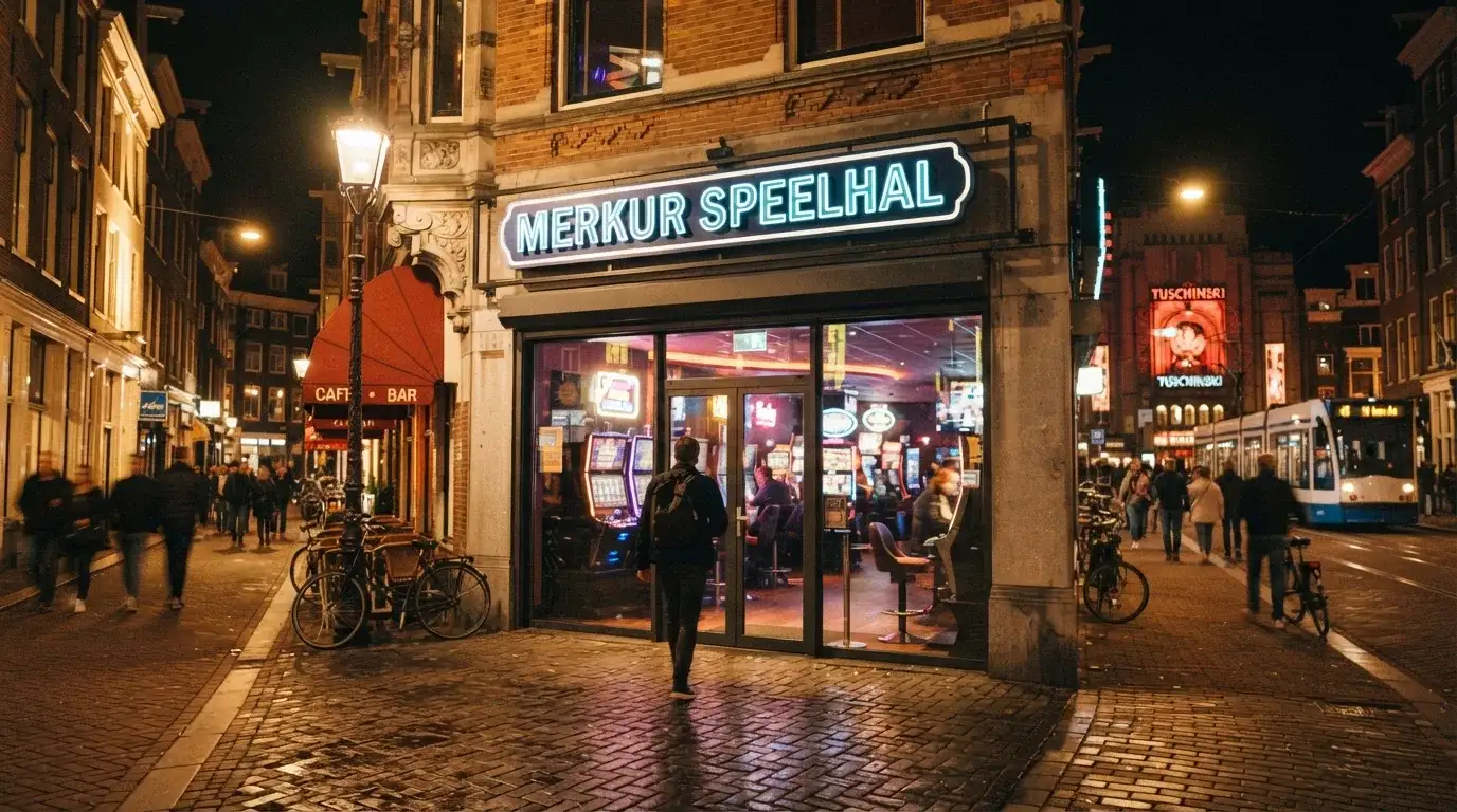 De voorgevel van Merkur Casino aan de Reguliersbreestraat in Amsterdam met openingstijden zichtbaar