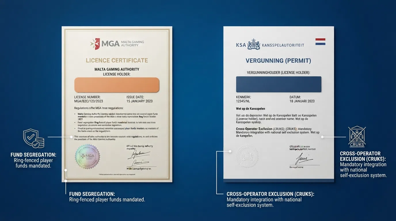 Twee documenten naast elkaar: een MGA-licentiecertificaat en een KSA-vergunning, met verschillen in bescherming gemarkeerd