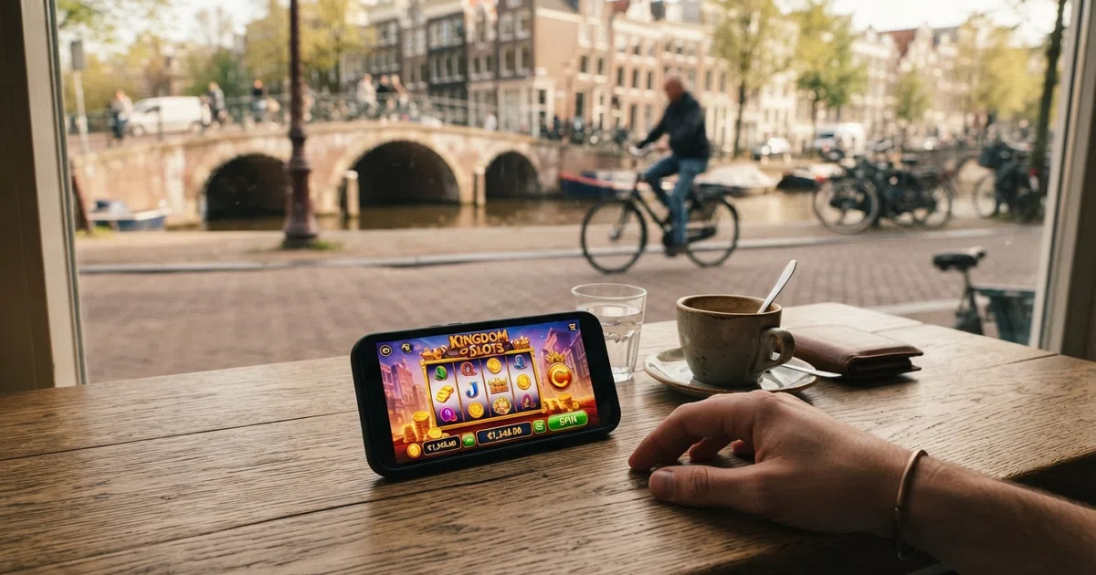Een smartphone met een geopend casinospel op het scherm, met op de achtergrond een herkenbaar Nederlands straatbeeld
