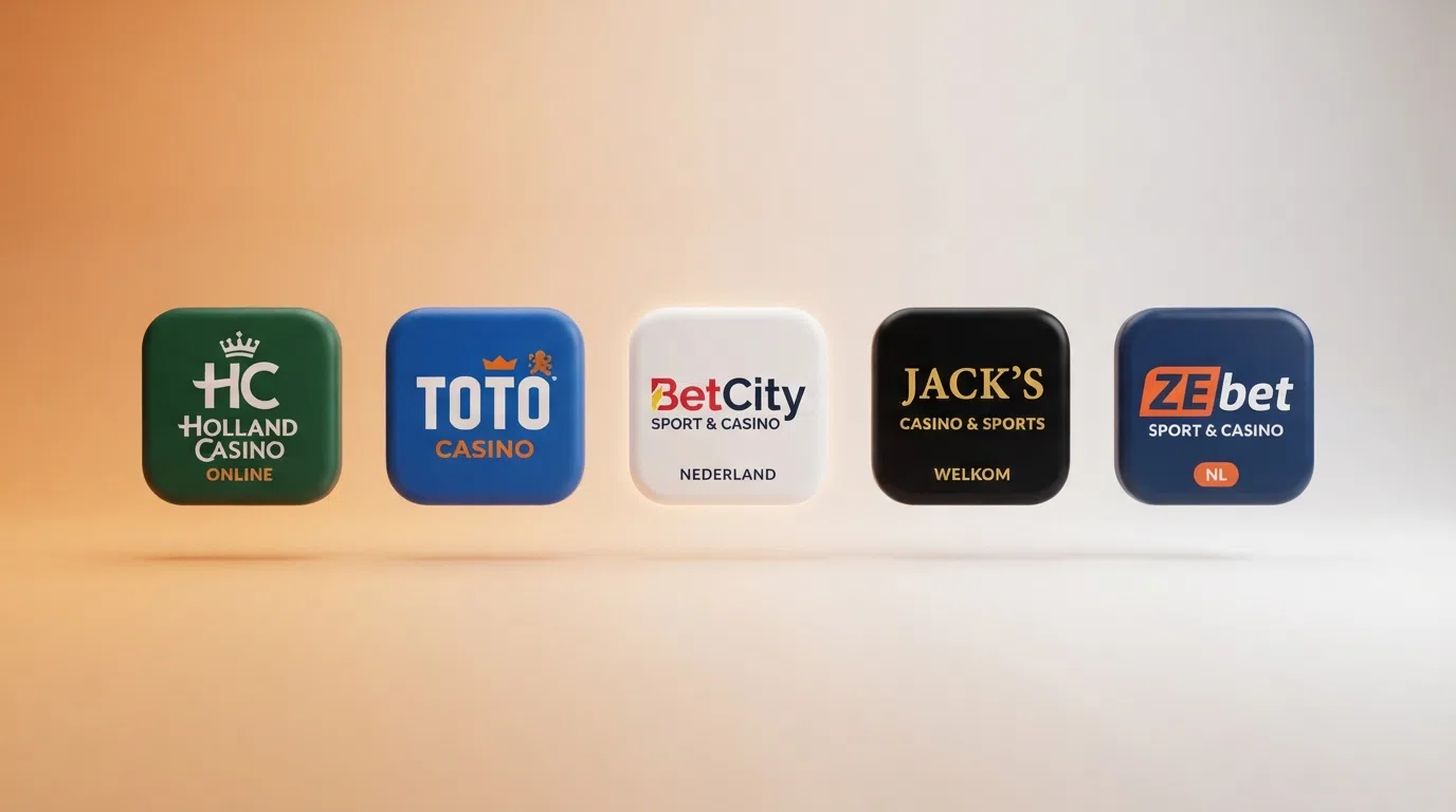 Een rij icoontjes van Nederlandse casino-apps op een telefoonscherm, met sterbeoordelingen eronder