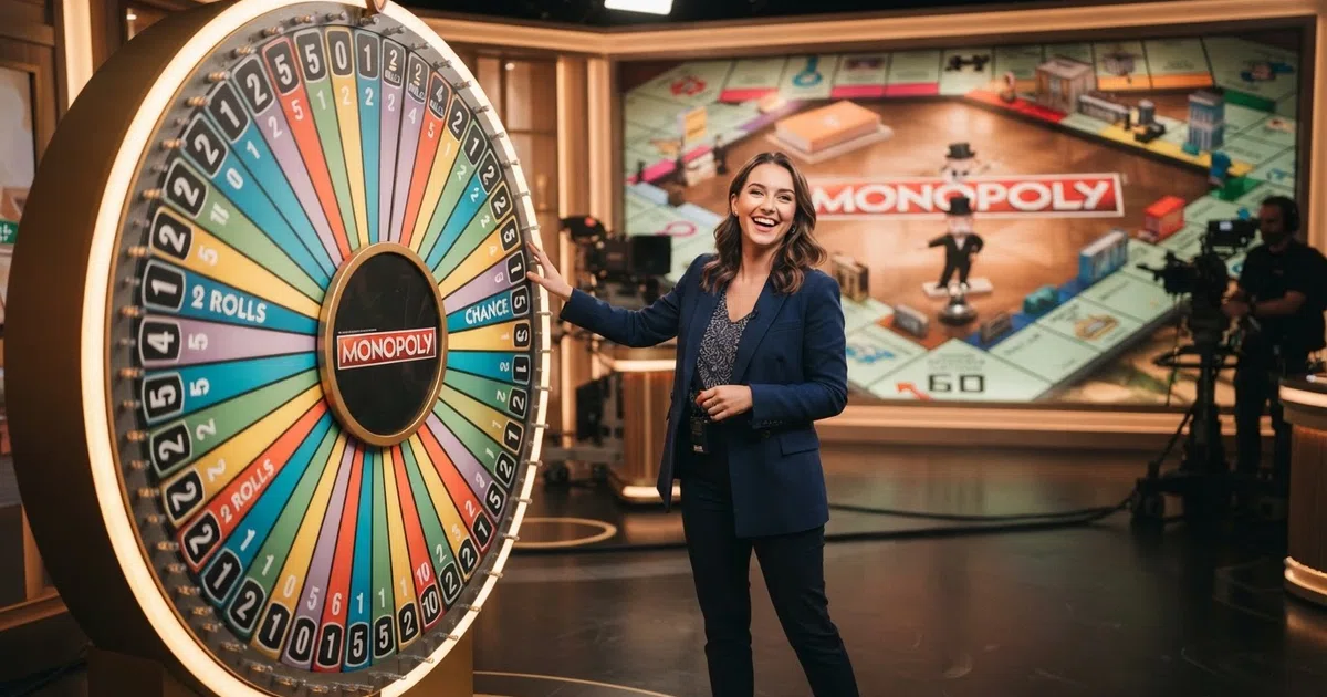 Het Monopoly Live-wiel met live presentator in een studio, het 3D-Monopoly-bord op de achtergrond, spelers die fiches plaatsen op het digitale inzetveld