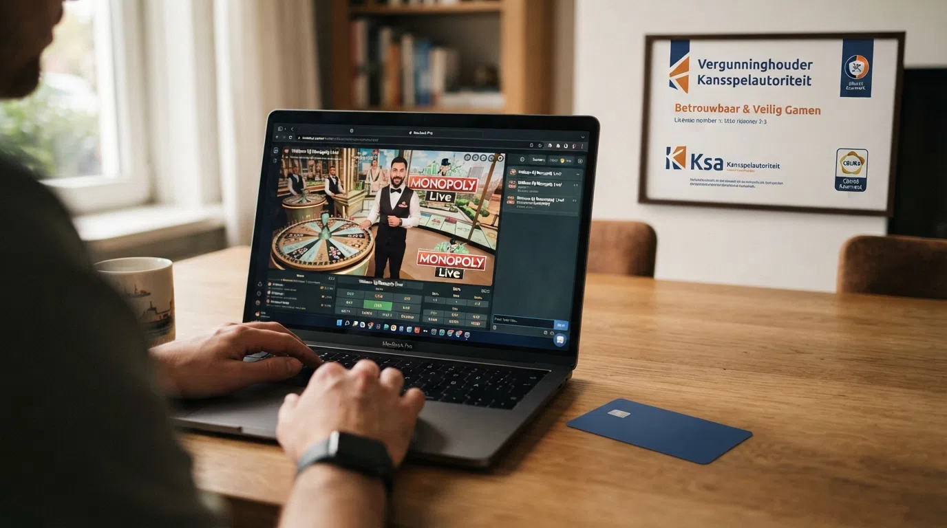Het logo van de Kansspelautoriteit naast een Monopoly Live-tafel in een Nederlands online casino, met een slotje en het CRUKS-keurmerk in beeld