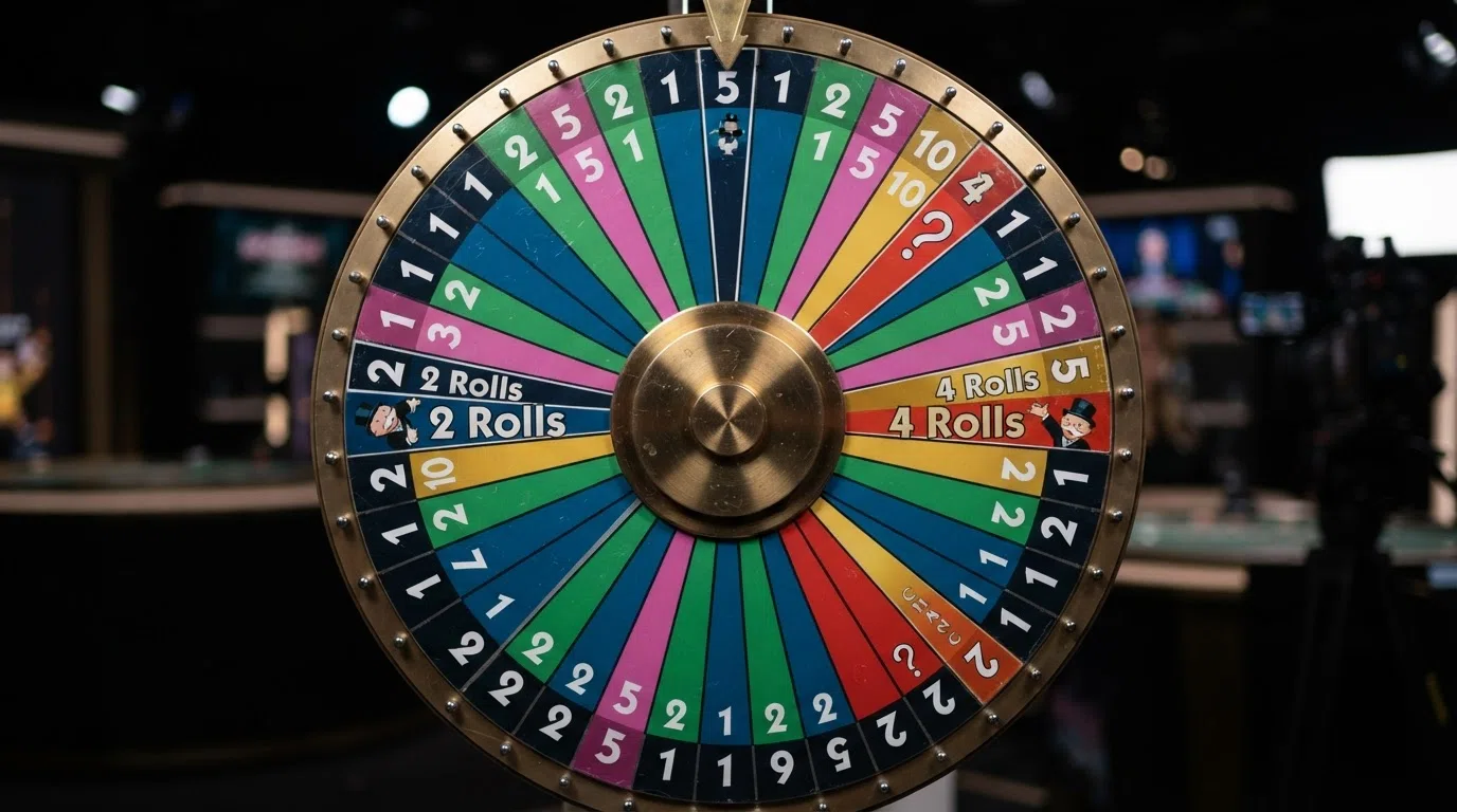 Close-up van het 54-segmenten tellende Monopoly Live-wiel met de genummerde velden 1, 2, 5 en 10 en de gekleurde bonussegmenten 2 Rolls, 4 Rolls en Chance
