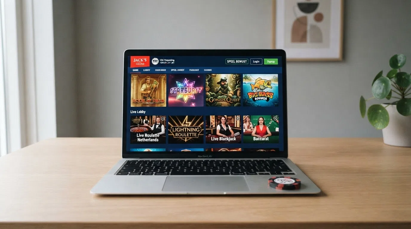 Een overzichtelijk grid van online casino spellen — gokkasten, roulette en blackjack — op een Nederlands KSA-vergund platform