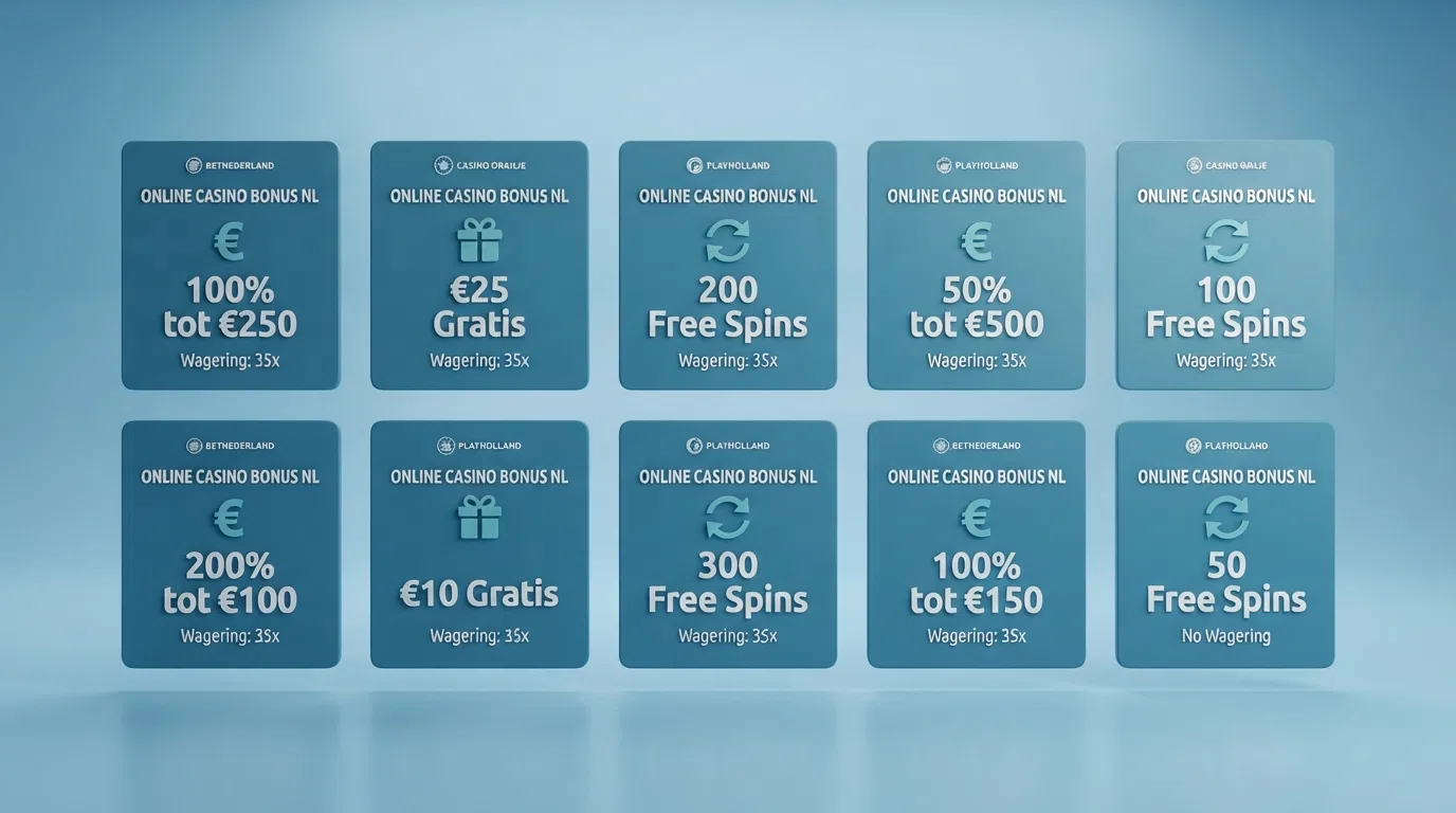 Tien kaarten met casinologo's in een raster, elk met een icoon voor het type bonus (een euroteken voor stortingsbonus, een cirkelpijl voor gratis spins, een cadeau voor no-deposit) en een korte kernwaarde eronder.