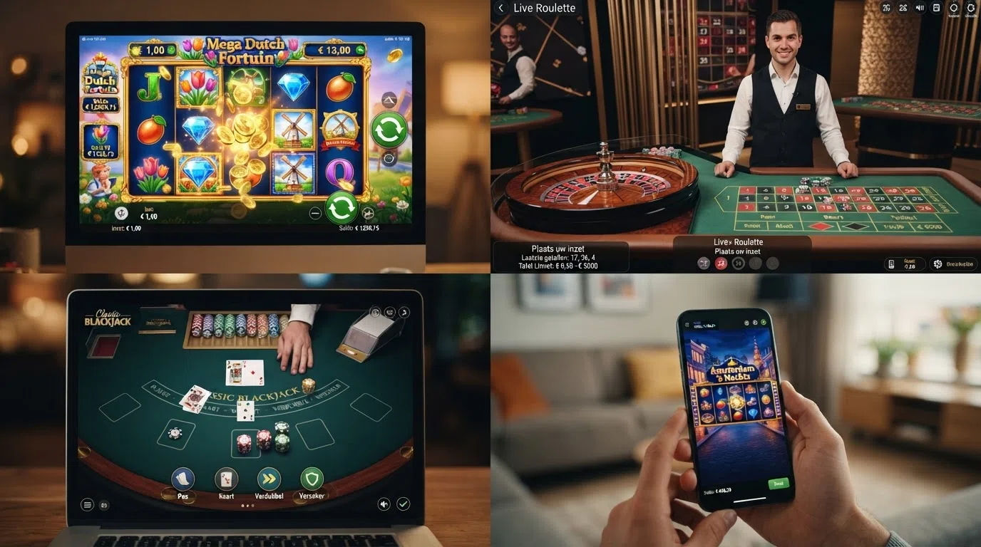 Een grid van vier casino-spelcategorieën: een kleurrijke gokkast (linksboven), een live-dealertafel met roulette (rechtsboven), digitale blackjack (linksonder) en een smartphone met een draaiende slot (rechtsonder)