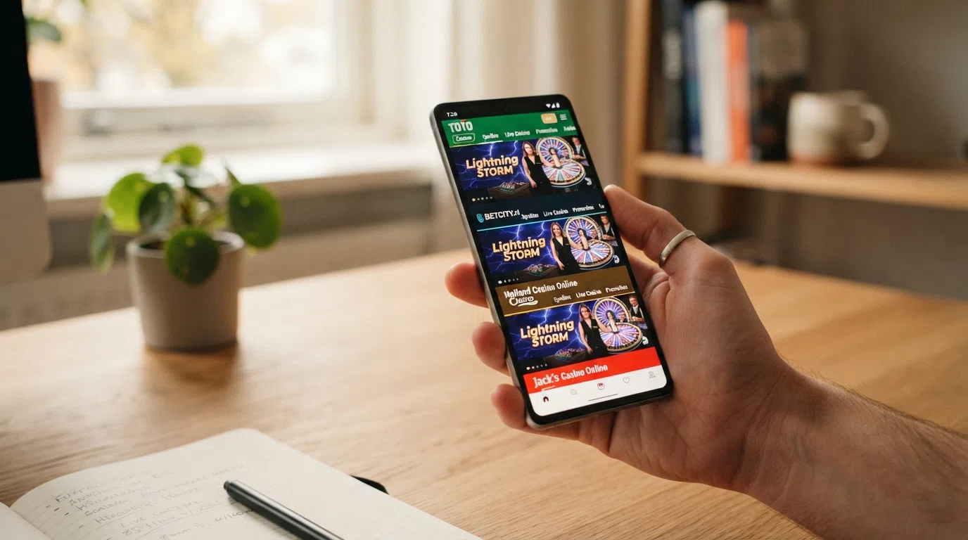 Overzicht van de homepages van meerdere Nederlandse online casino's met KSA-keurmerk waar Lightning Storm in het live aanbod staat