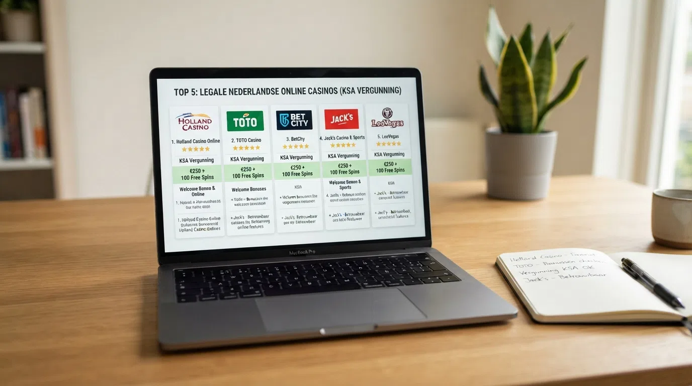 De homepages van vijf besproken Nederlandse online casino's naast elkaar op een desktopscherm