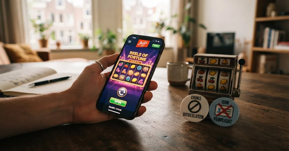 Een Nederlandse speler op een smartphone met een casino-website in beeld, naast een slot met iDIN- en CRUKS-logo's als waarborgen