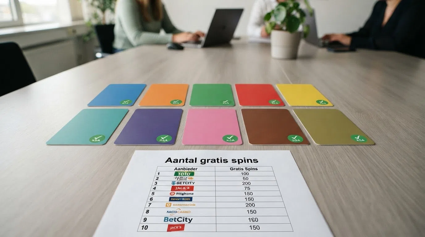 Tien casino-logo's in een raster, met een groen KSA-vinkje bij elke aanbieder en daaronder het aantal gratis spins