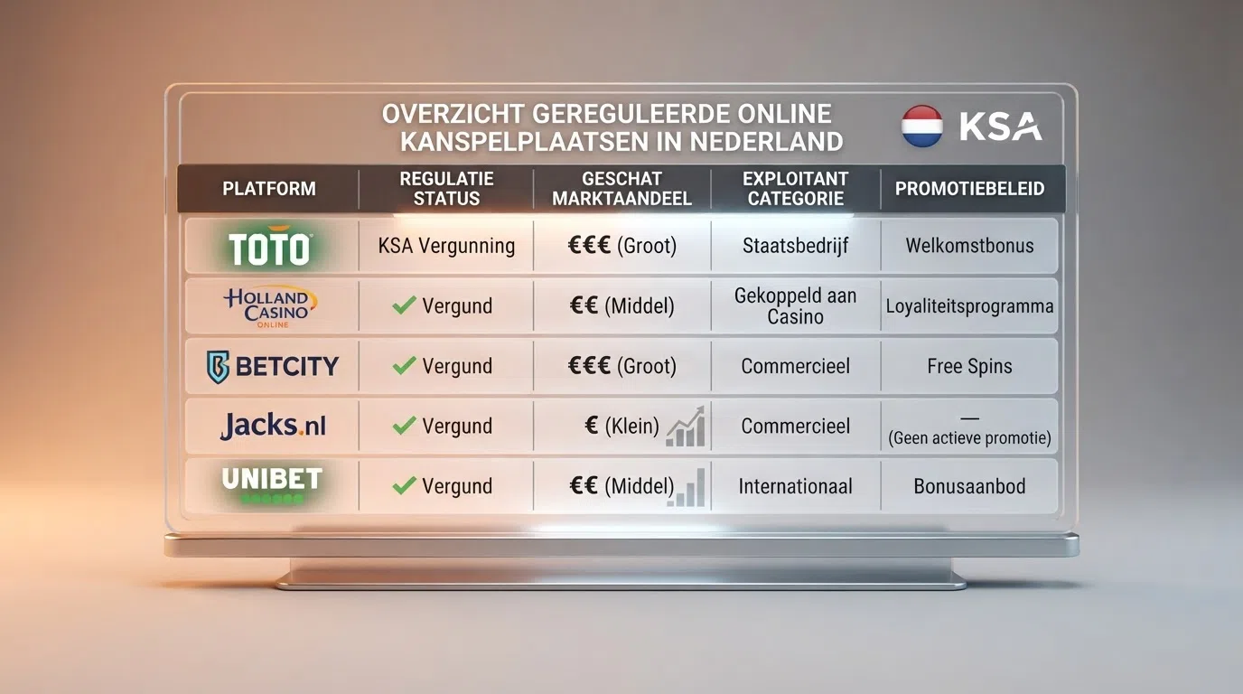Een overzichtelijke vergelijkingstabel van de tien grootste KSA-vergunde online casino's van Nederland, met licentiestatus en marktaandeel