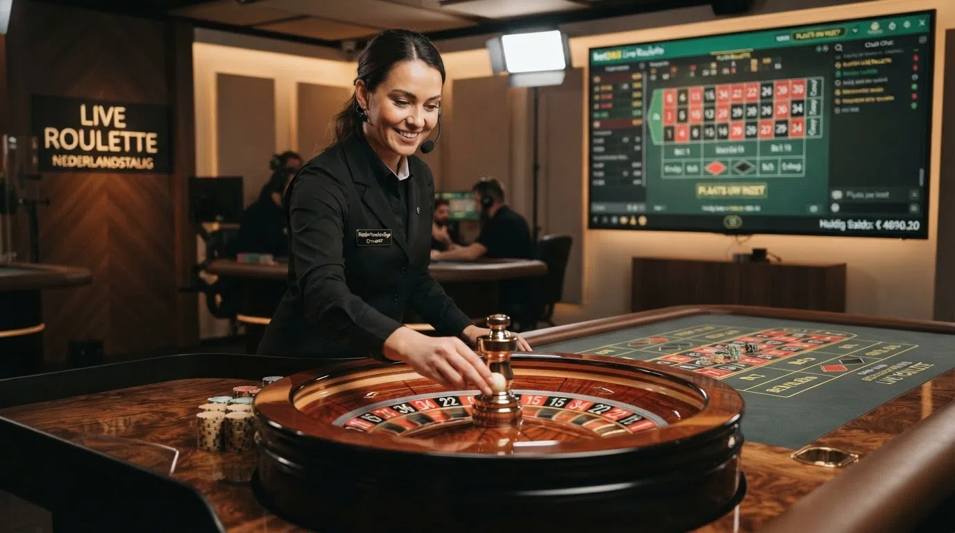 Een close-up van een Nederlandstalige croupier aan een live roulette tafel in een Holland Casino Online studio, met het spelersscherm zichtbaar op de achtergrond