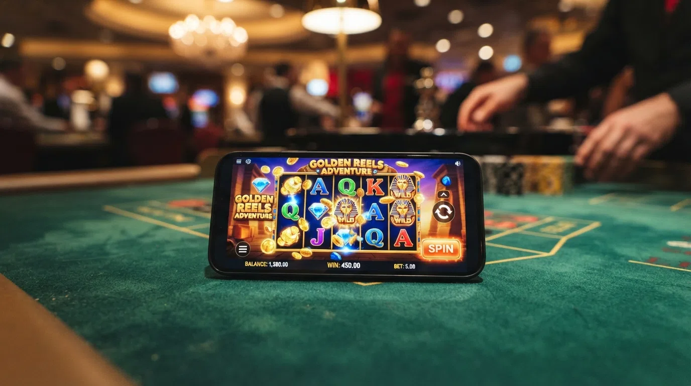 Een populaire HTML5-gokkast zoals Book of Dead op een smartphone in landscape-modus, met helder zichtbare knoppen en uitbetalingstabel