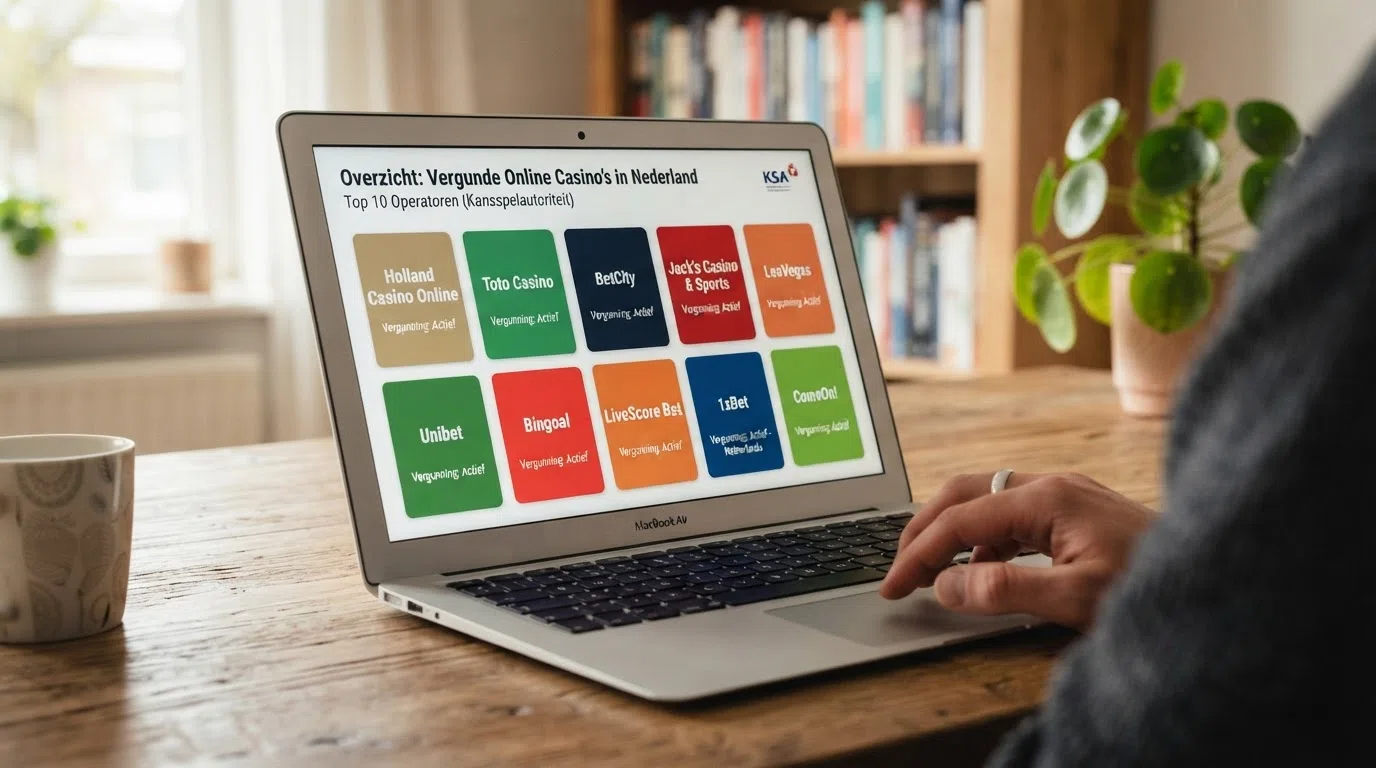 Een overzichtelijk scherm met kaarten van Nederlandse online casino's en hun vergunninginformatie