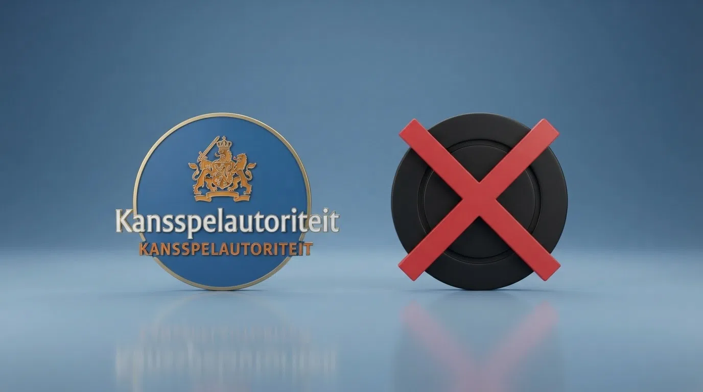 Het logo van de Kansspelautoriteit naast een rood kruis door een slot-symbool, tegen een zakelijke blauwe achtergrond