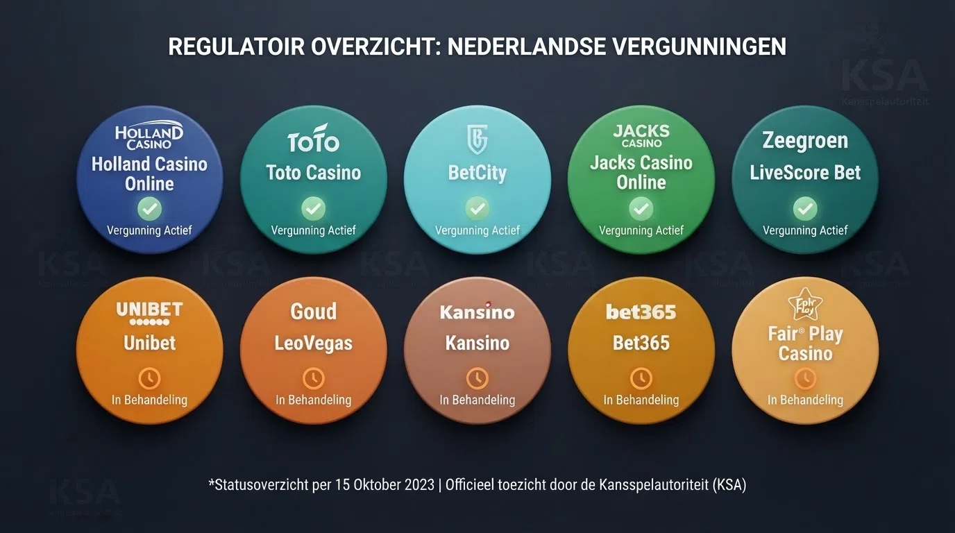 Tien casinologo's in een rasteropstelling op een donkere achtergrond, vijf met een groen vinkje en vijf met een oranje klokje ernaast, een KSA-keurmerk watermerk over het volledige beeld