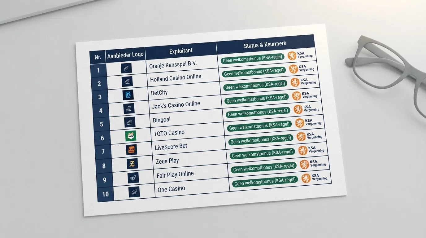 Een overzichtstabel van de 10 besproken operators met hun logo's in een raster, gesorteerd op marktaandeel, met het KSA-keurmerk zichtbaar op elke rij