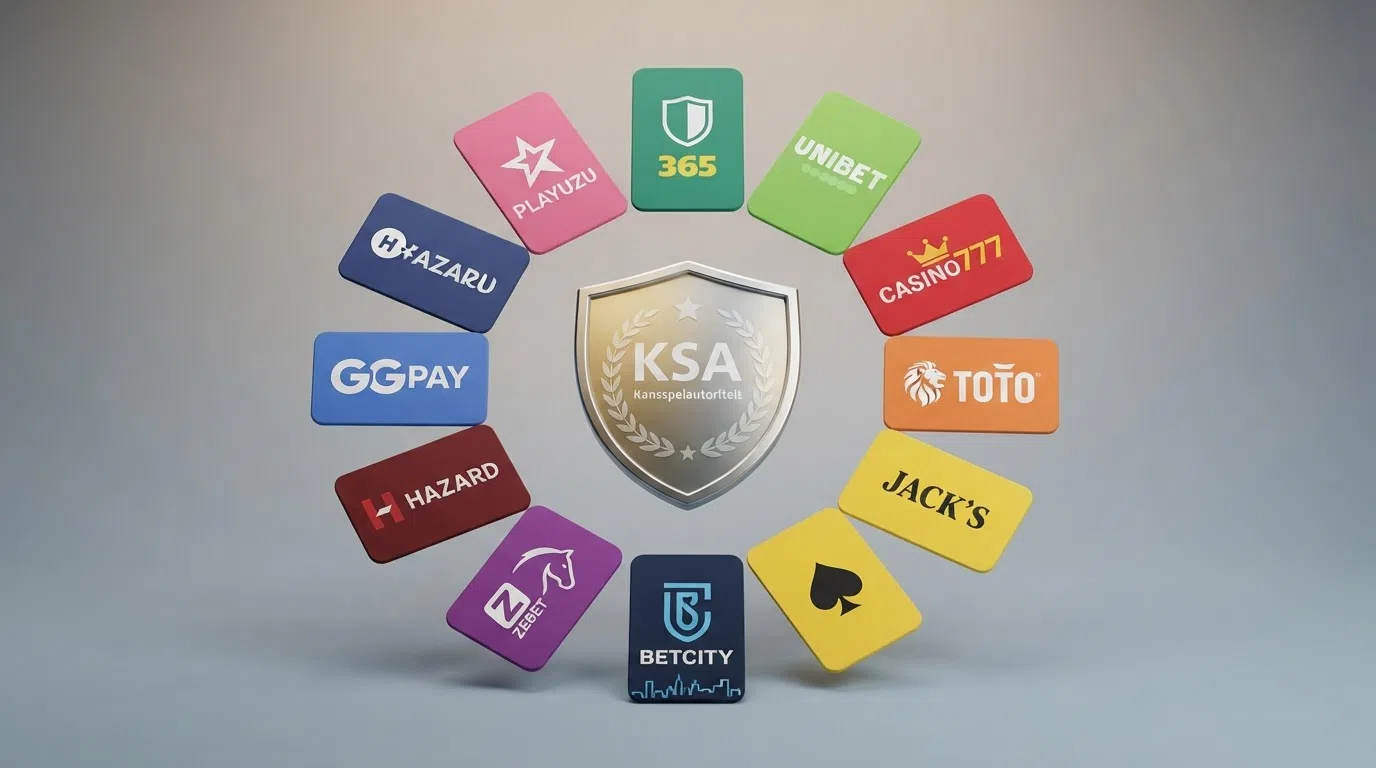 Een overzichtelijke collage van de logo's van de tien besproken online casino's met het KSA-keurmerk centraal in beeld