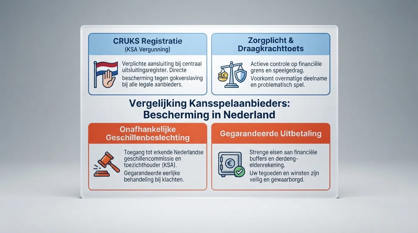 Een visuele vergelijking van vier kwadranten: KSA-bescherming (CRUKS, geschillencommissie, draagkrachttoets, gegarandeerde uitbetaling) tegenover het offshore-alternatief (geen controle, geen vangnet)