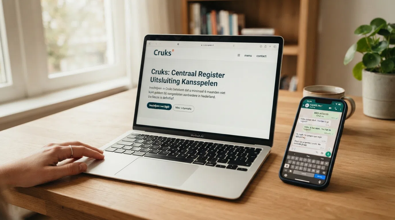 Een schermopname van de Cruks-website (cruksregister.nl) op een laptop, met daarnaast een smartphone die de chatinterface van HANDS 24x7 toont.