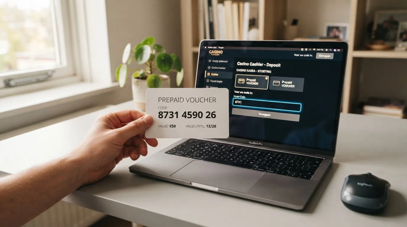 Een close-up van een Neosurf-voucher met een 10-cijferige code, naast een laptop met een geopende casino-kassapagina