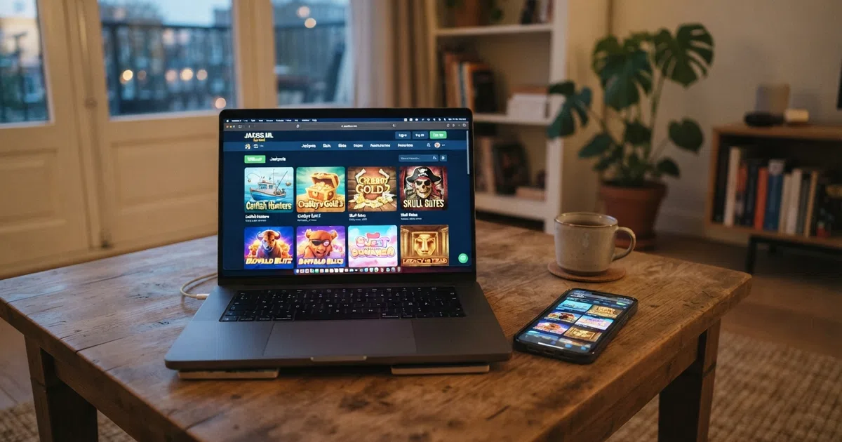 Een Nederlands online casino-interface op een laptopscherm met daarop een rij gloednieuwe gokkast-tegels, naast een smartphone die dezelfde pagina toont.