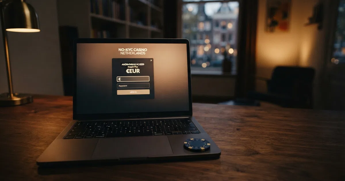 Een casino-startscherm op een laptop zonder identiteitsformulier, met een hangsloticoon dat openstaat