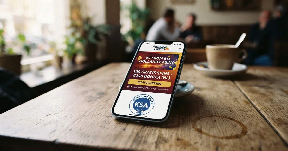 Een close-up van een smartphone met daarop een Nederlands online casino startscherm en de tekst “gratis spins” zichtbaar naast het KSA-keurmerk