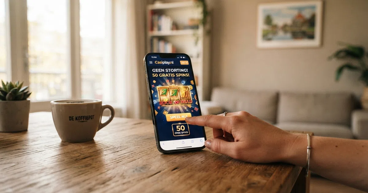 Een Nederlandse speler kijkt naar een mobielscherm met een casino-interface, waarop een teller met free spins en een slotsymbool zichtbaar zijn