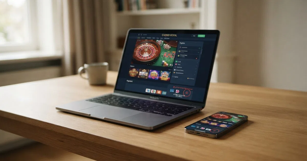 Een laptop en smartphone met daarop een online casino-interface; een rood waarschuwingspictogram markeert de betaaloptie voor achteraf betalen als niet beschikbaar.