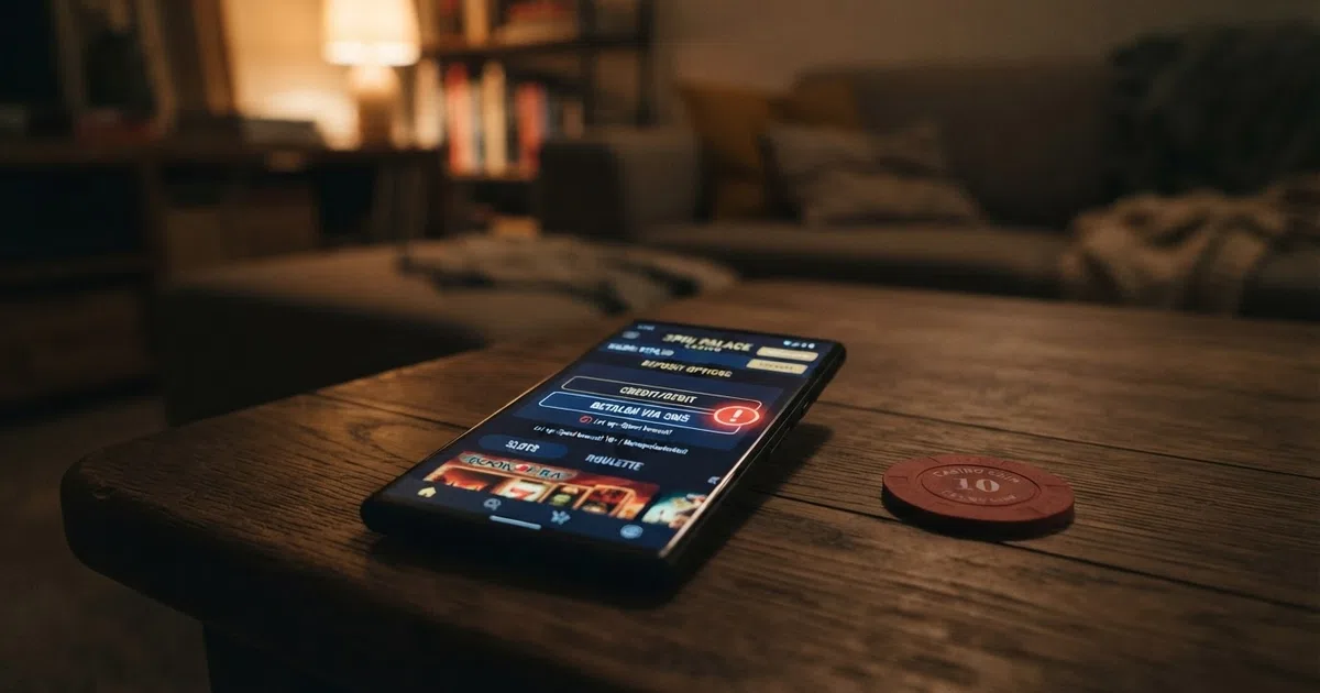 Een smartphone met het scherm van een online casino waarop “betalen via sms” als betaaloptie zichtbaar is naast een rood waarschuwingsicoon