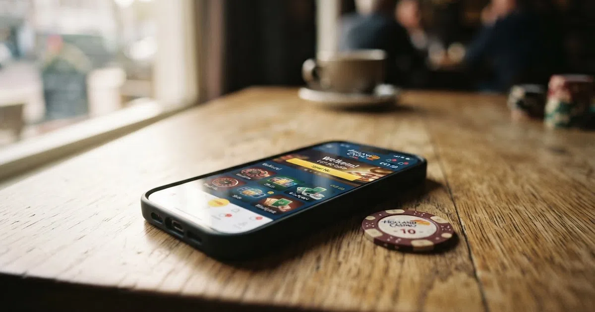 Een smartphone met daarop het scherm van een online casino en een fysieke telefoonrekening ernaast op tafel