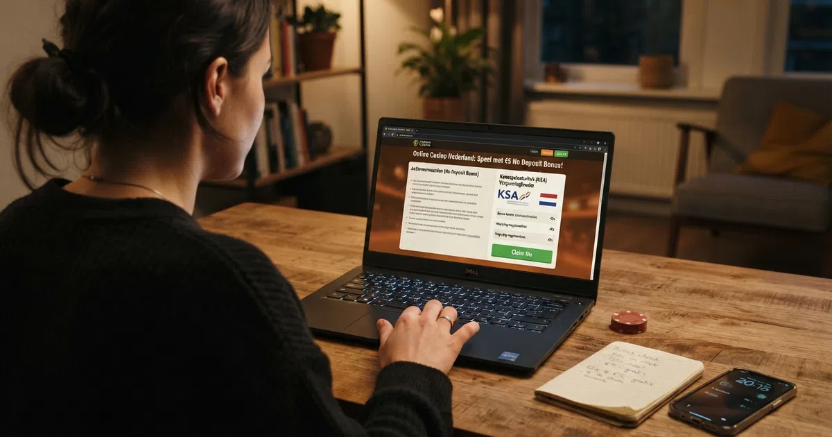 Een Nederlandse speler bekijkt een casinobonusvoorwaardenpagina op een laptop, met het KSA-logo en een Nederlands vlaggetje zichtbaar in de interface.