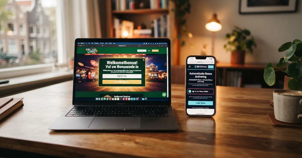 Een smartphone en een laptop tonen naast elkaar de promotiepagina van een Nederlands online casino, waarbij op het laptops scherm een bonuscode-invoerveld zichtbaar is en op de smartphone een automatische bonus-optin met een aanvinkvakje.