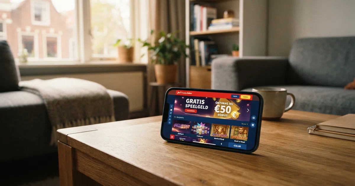 Een schermafbeelding van een online casino-interface met een uitgelichte 'gratis speelgeld'-promotiebanner, naast rijen gokkasten en een iDEAL-betaalknop zichtbaar in de hoek.