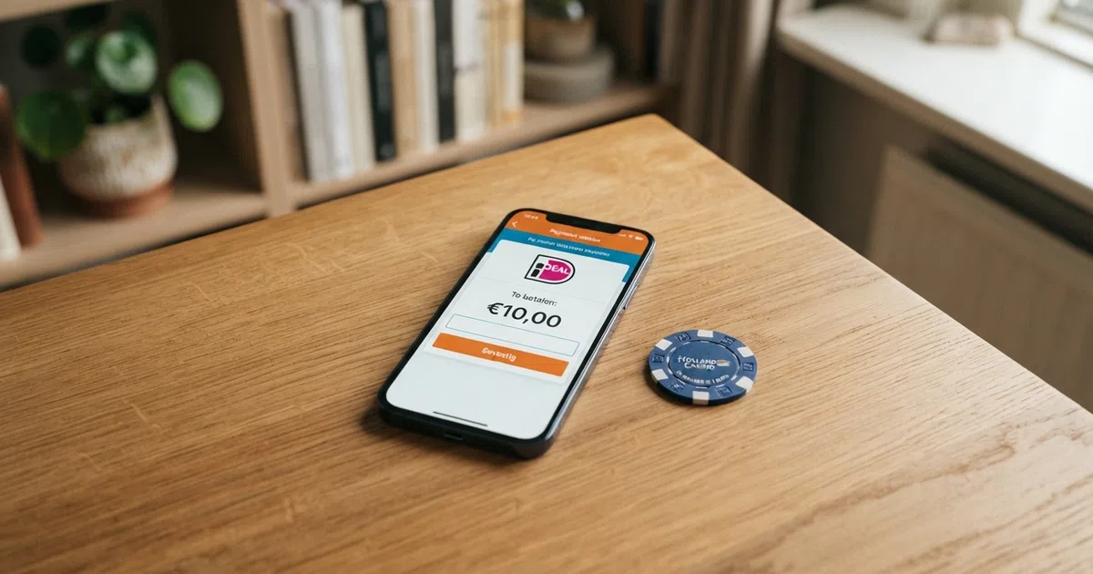 Een Nederlands online casino dashboard op een laptopscherm met een iDEAL-betaalpagina en het bedrag €10 zichtbaar in het stortingsveld