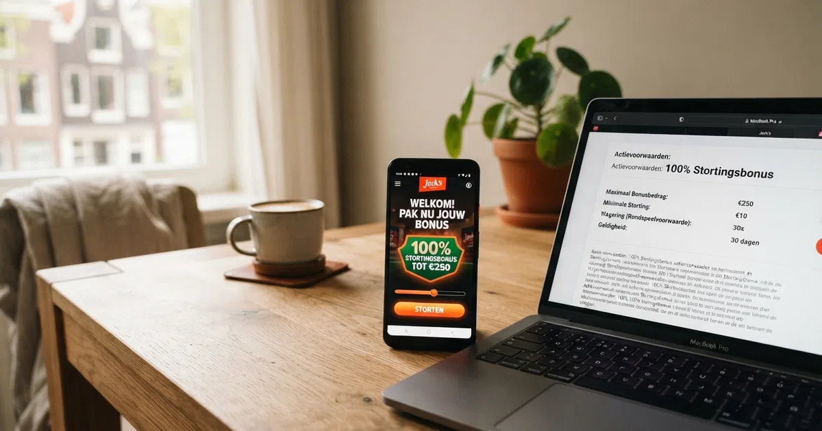Een smartphone en laptop naast elkaar met daarop het welkomstbonusscherm van een Nederlands online casino, een stortingsknop en een 100% match-badge