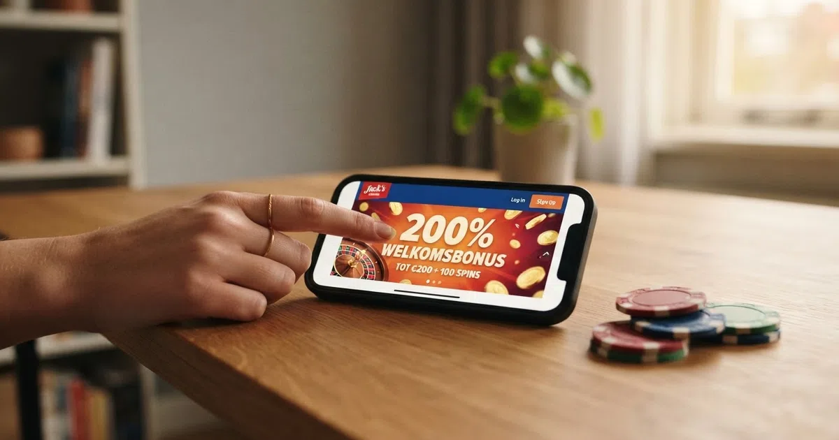 Een Nederlandse online casino interface met een uitgelichte 200% welkomstbonus banner en speelgeld dat verdubbeld wordt weergegeven