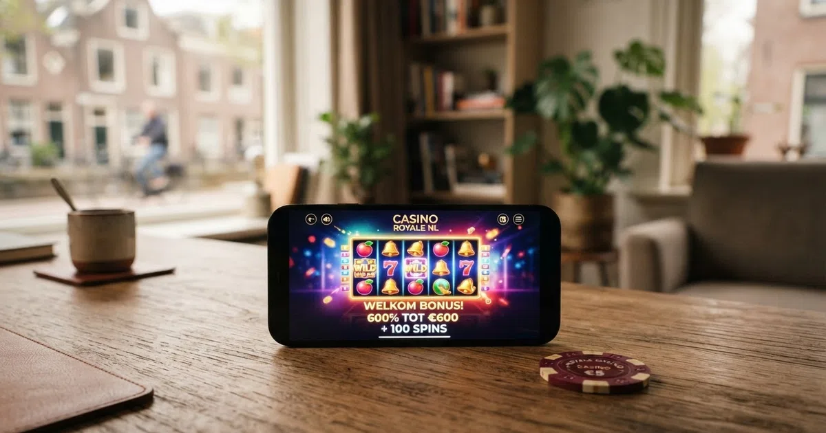 Een scherm van een Nederlands online casino met een welkomstbonusaanbieding en de KSA-vergunningsvermelding zichtbaar