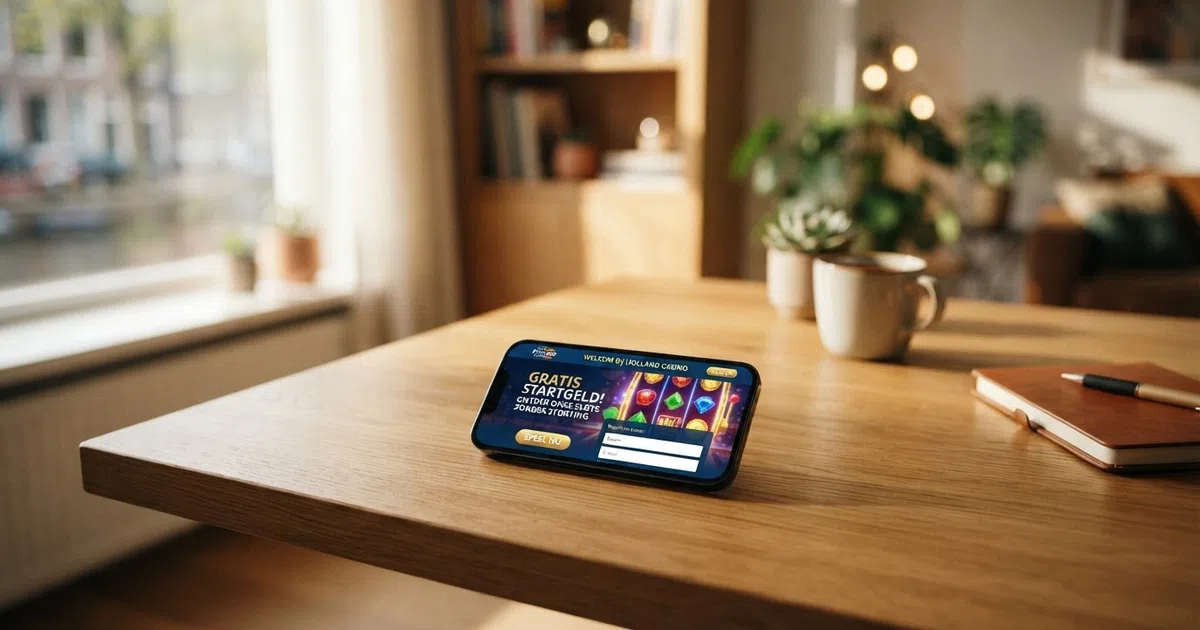 Een Nederlandse online casino-interface met een welkomstbonusmelding in beeld, speelautomaten op de achtergrond en een bonusbedrag prominent weergegeven