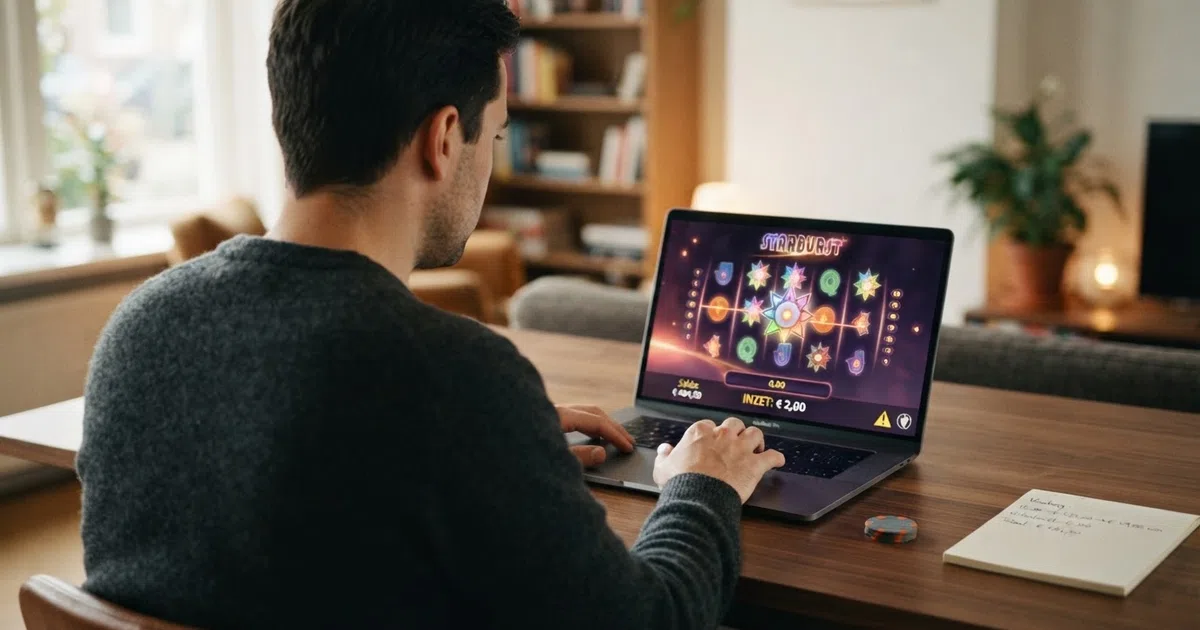 Een Nederlandse speler bekijkt een online casino-interface op een laptop, met een waarschuwingssymbool en een KSA-logo in beeld