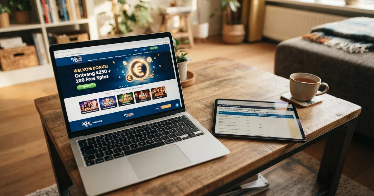 Een laptopscherm met daarop de homepage van een Nederlands online casino, met een vergelijkingspagina van bonusvoorwaarden ernaast op een tablet