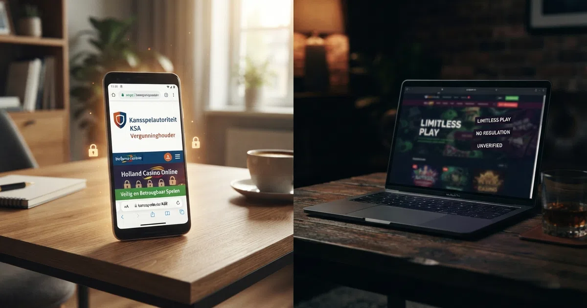 Een gesplitst beeld: links het KSA-logo op een smartphone met slotjes om limieten, rechts een donker scherm zonder herkenbare toezichthouder