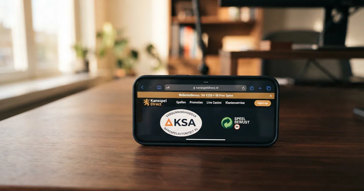 De homepage van een legaal Nederlands online casino met KSA-keurmerk zichtbaar in de footer naast een verantwoord-spelen-logo