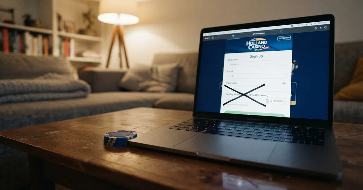 Een computerscherm met een openstaand casino-registratieformulier waar het ID-uploadveld is doorgestreept, met daarnaast een Nederlands bankpasje