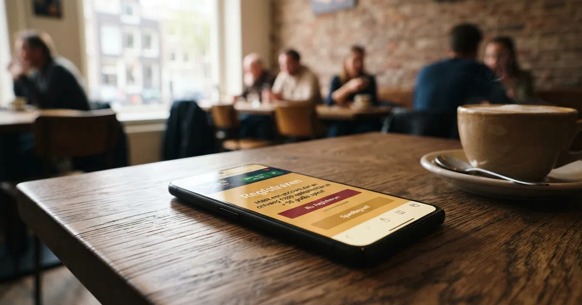 Een smartphone met het registratiescherm van een Nederlands online casino, met de tekst “speeltegoed” zichtbaar op het scherm, naast een kop koffie