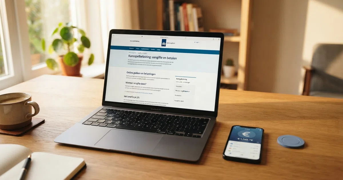 Een scherm van een Nederlandse Belastingdienst-pagina met de kansspelbelasting-informatie naast het logo van de Kansspelautoriteit, één lijn die de belastingafdracht van de operator naar de Belastingdienst symboliseert