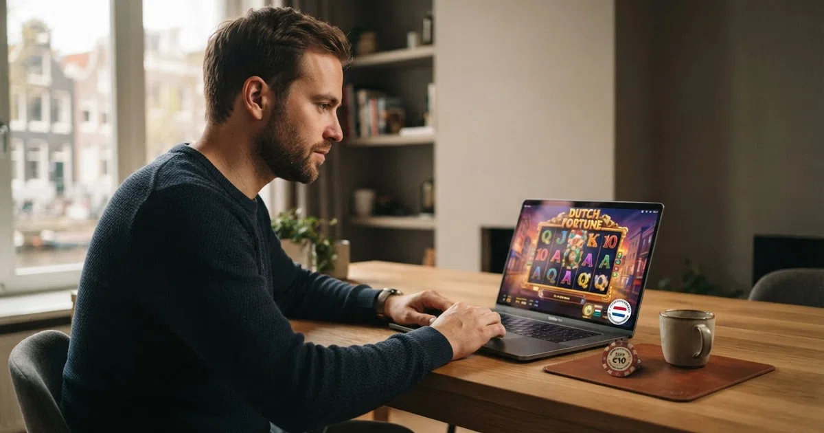 Een Nederlandse speler zit aan een laptop met op het scherm een online casino, terwijl een KSA-logo in de hoek oplicht en een slot op de achtergrond zichtbaar is